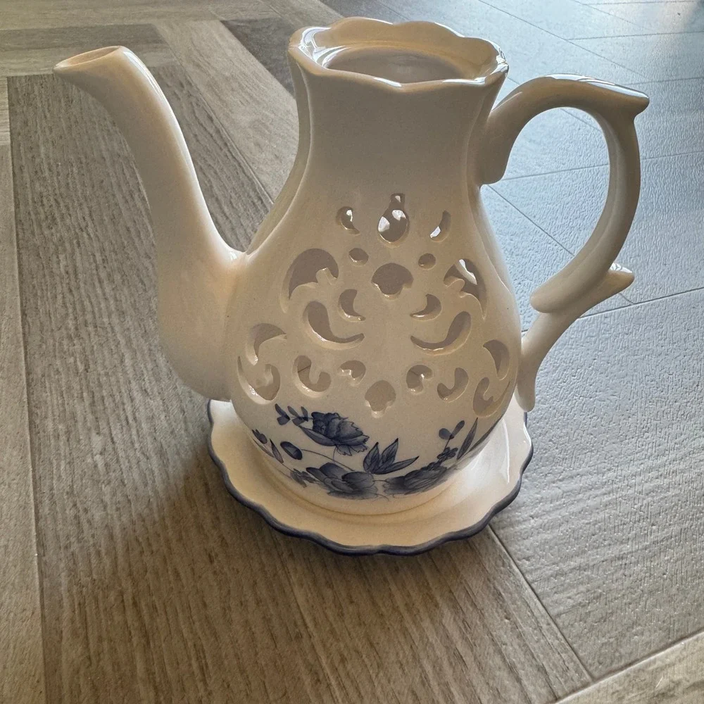 Vintage Blue Floral Ceramic Teapot Tea Light Candle Warmer Saucer Set Coquette